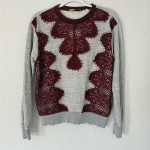 Sandro Paris Grey Red Tipsy Lace Overlay Crew Neck Sweatshirt Pullover Size 2